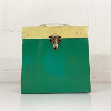 Vintage Metal 45 Box Record Case Holder Storage Mid-Century Retro Music Musical Green Beige Plastic Handle 