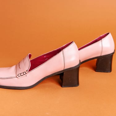 90s Light Rose Pink Loafers Vintage Leather Chunky Heel Slip on Loafer Shoes 