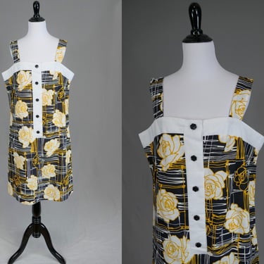 60s 70s Floral Summer Dress - Black Yellow White Flowers and Scribble Lines - Sleeveless - Vintage 1960s 1970s - L XL 