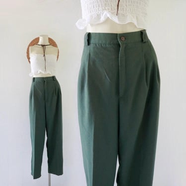 high waist basil trousers - 31 - vintage womens 90s y2k green high waist pleat front woven pants slacks 