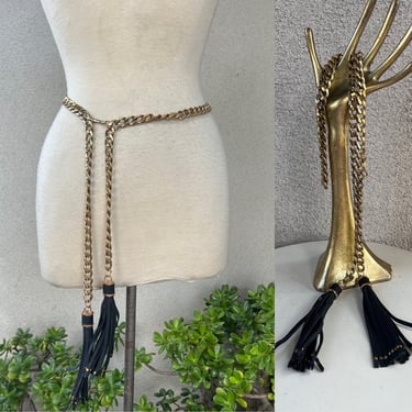 Vintage gold chain belt with black faux leather tassels OS 