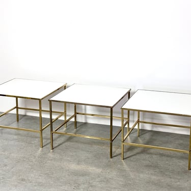 Three Vintage Brass and White Vitrolite Square Side Tables by Harvey Probber 1950s Mid Century Modern 