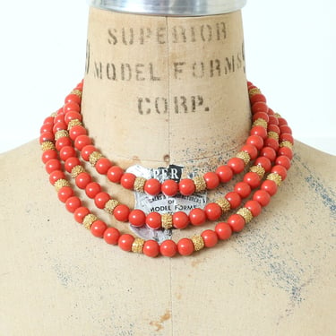 vintage 1950s coral beads multi-strand necklace • beaded fancy decorative clasp cocktail necklace 