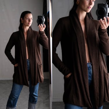 Vintage CALVIN KLEIN 1980s Chocolate Brown Long Cardigan w/ Oversized Pockets | 80s Designer Cozy Sweater | Long Sleeve sweater 