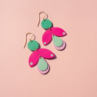Bell Sprout Botanical Drops in Pink / Turquoise - Reclaimed Leather Lightweight Statement Earrings 