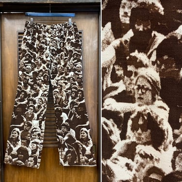 Vintage 1960’s w28 Woodstock Photoprint Audience Pop Art Hip Hugger Custom Flare Jeans Pants, 60’s Baron Wolman, Vintage Clothing 