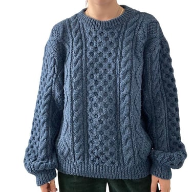 Vintage 1990s Icelandic Design Blue Wool Blend Fisherman Cableknit Sweater Sz L 