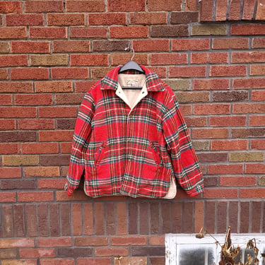 Vintage 1970's Wool Red Plaid Striped Faux Shearling Lined Mackinaw Jacket / Men's S / Women's M to L 