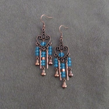 Chandelier earrings, blue crystal and copper gypsy earrings, boho bohemian unique princess 
