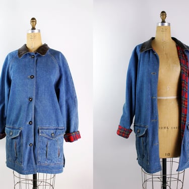 90s Gitano Blue Cotton Coat / 90s Tartan Jean Jacket / Unisex / Size M/L 