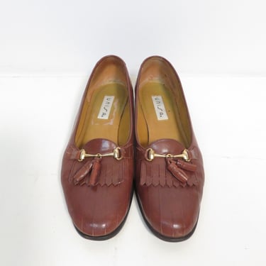 Vintage 90s Gold Chain And Tassel Brown Leather Loafer Flats Made In Brazil Size 8.5 