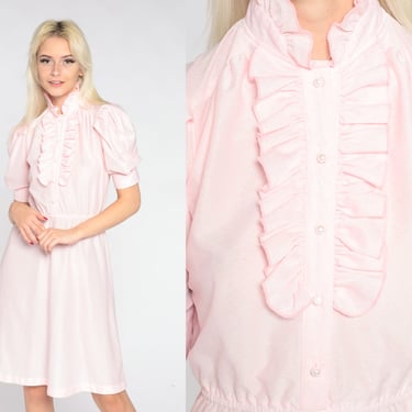 70s Ruffle Dress Baby Pink Mini Dress Short Puff Sleeve High Ruffled Collar Button Up High Waist Tuxedo Pastel Minidress Vintage 80s Small 