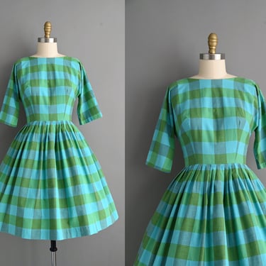 vintage 1950s Blue & Green Plaid Print Full Skirt Cotton Dress - Small Medium 
