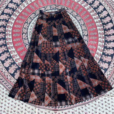 Vintage ‘70s velvet maxi skirt | pumpkin & black patchwork print, Harvest party, hippie, S 