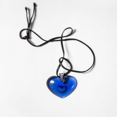 Y2k Lalique Crystal Heart Necklace / Blue Oversized Pendant 