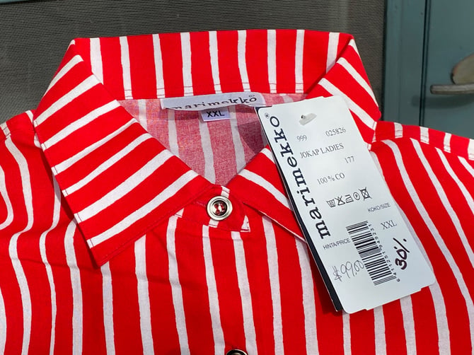 Marimekko Jokap Red White Stripe Cotton Long Sleeve Shirt XXL NWT 