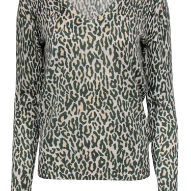 Equipment - Cream &amp; Green Leopard Print Cashmere V-Neck Sweater Sz S