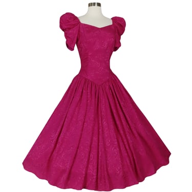 Vintage 80s Pink Fuchsia Puff Sleeves Full Skirt Prom Party Dress S Small Pasiley Print Silky Brocade Womens Formal Dance 