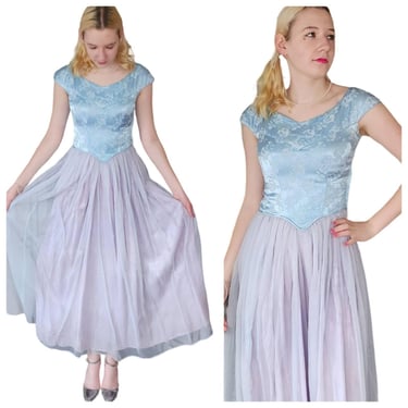 Vintage 50s Blue Party Dress Cinderella Style Brocade Top Long Mesh Skirt 