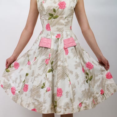 1950s Pink Rose Print Floral Cotton Party Dress With Huge Bow