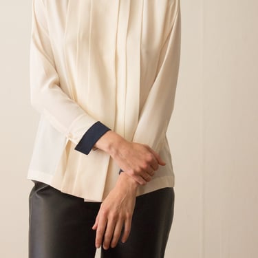 1980s Creme Pleated Silk Blouse 