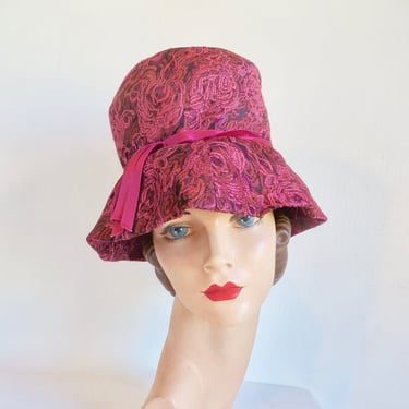 1960's Magenta Pink Brocade Fabric Bucket Hat High Crown Floppy Brim Mod Style 60's Millinery Veva New York 