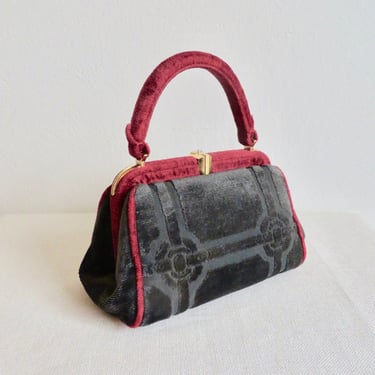 Vintage 1960's Gray and Red Velvet Structured Purse Top Handle Roberta Di Camarino Style Italian Fall Winter 60's Handbags 