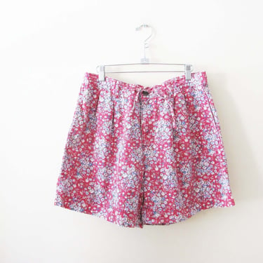 Vintage 90sFloral Drawstring Shorts M L  - 1990s Red Blue Denim Cotton Casual Lounge Long Shorts - Preppy Cottage Style 