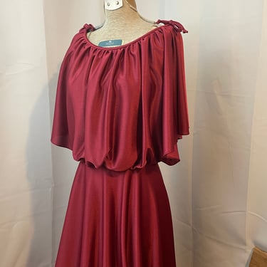 1970s Vintage Boho Maxi Dress Burgundy Red with Cape Goddess S M 