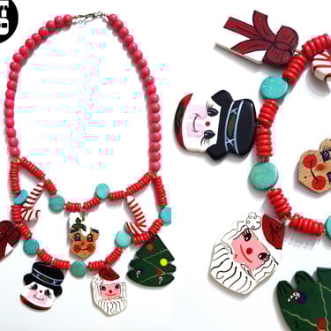 Festive Vintage 70s 80s 90s Hand-Painted Wood Charm Statement Necklace 