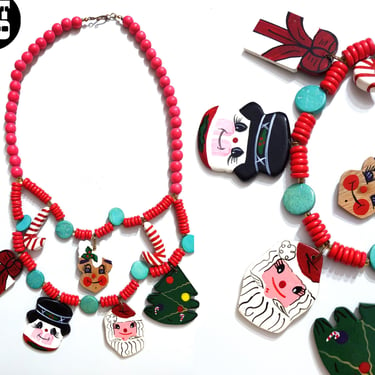 Festive Vintage 70s 80s 90s Hand-Painted Wood Charm Statement Necklace 