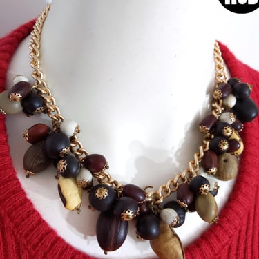 Unique Fun Vintage Nut, Beans & Seeds Cluster Statement Necklace 