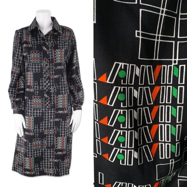 70s LANVIN shift dress, vintage 1970s womens logo print dress, black shirt dress size 10 M 