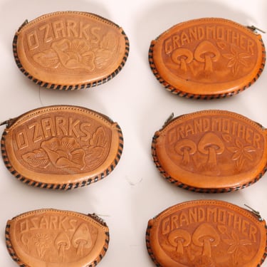 Deadstock 1970s Leather Tooled Ozarks, Arkansas, Horses, Flowers, Deer and Mushrooms Coin Purses, Pouches and Wallets 