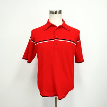 Vintage 60s Men's Banlon Knit Shirt | Collared Short Sleeve Pullover in Vibrant Red | Size Large 