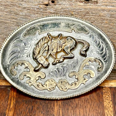 Silver Plated Belt Buckle Alpaca Mexico Horse Ribbon Cowboy Vintage Retro Fashion 