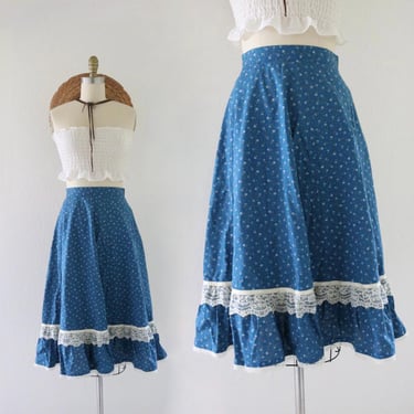 70s calico prairie skirt - 26 - vintage micro floral cute cottage cottagecore womens blue lace spring summer festival skirt 