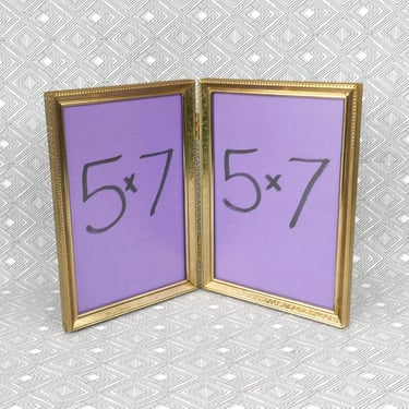 Vintage Hinged Double Picture Frame - Tabletop Gold Tone Metal w/ non-glare Glass - Holds Two 5" x 7" Photos - 5x7 frame 