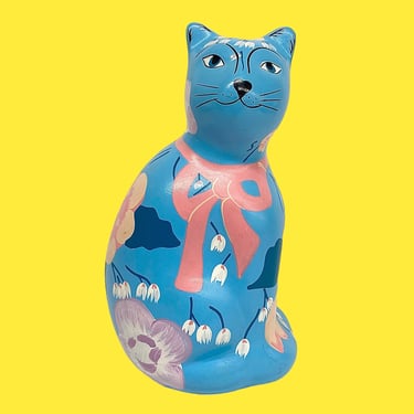 Vintage Cat Coin Bank Retro 1990s Mexican Folk Art + Tixkokob Yucatan + Ceramic + Hand Painted + Blue with Flowers + Home Decor 