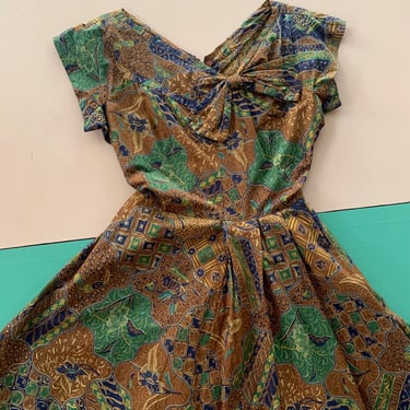 1950s Tina Leser Brown Batik Cotton Dress - Size XS