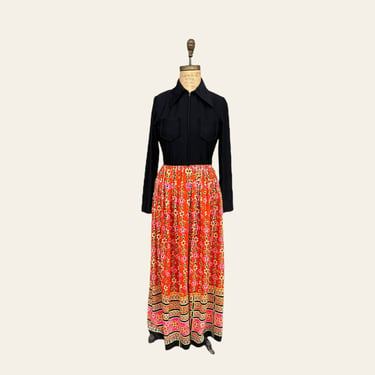 Vintage Dress Retro 1970s Oscar De La Renta Boutique + Size 10 + Ankle Length + Black + Orange Red + Pointed Collar + Womens Apparel 
