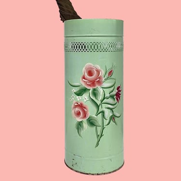 Vintage Umbrella Stand Retro 1960s Farmhouse + Metal Frame + Cylinder + Mint + Pink Flowers + Hand Painted + Entryway Storage + Organization 