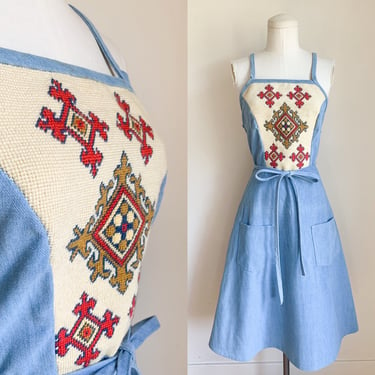 Vintage 1970s Tribal Needlepoint Denim Wrap Dress / S-M 