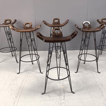 Vintage spanish wrought iron bar stools, 1960s - set of 6 - mid century bar stools - metal bar stools - wooden bar stools 