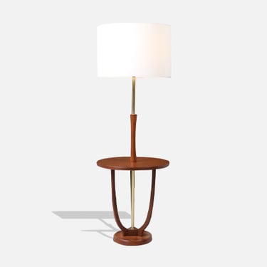 Mid-Century Modern Brass & Sculpted Walnut Floor Lamp with Side Table 