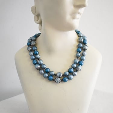 1960s Blue Bead Double Strand Necklace 