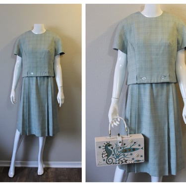 Vintage 60s I Magnin California Blue white woven wool Dress button back box pleat skirt // Modern Size S M  6 8 // Pinup Girl 