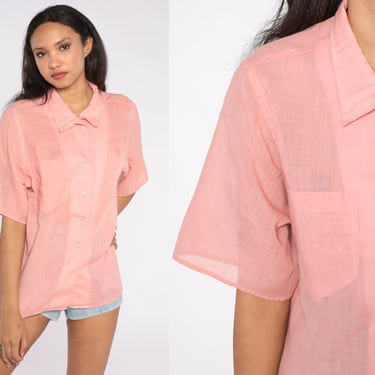 Thin Pink Shirt 80s Soft Button Up Shirt Semi-Sheer Collared Blouse Boho Vintage Retro Hipster Grunge Short Sleeve 1980s Extra Large xl 