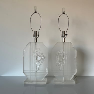 1970's Vintage Sculptural Iceberg Lucite Table Lamps - a Pair 