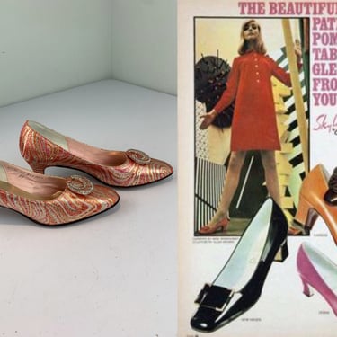 A Beautiful Event - Vintage 1960s Gold Pink Orange Metallic Fabric Psychedelic Swirl Heels - 8A 